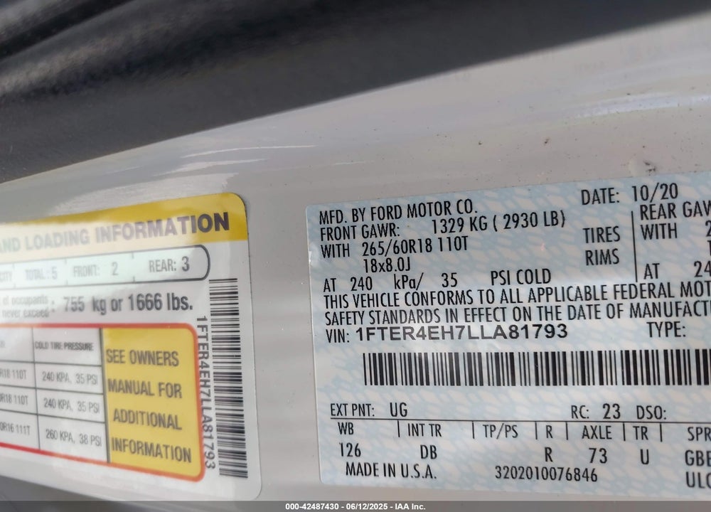 2020 FORD RANGER VIN: 1FTER4EH7LLA81793