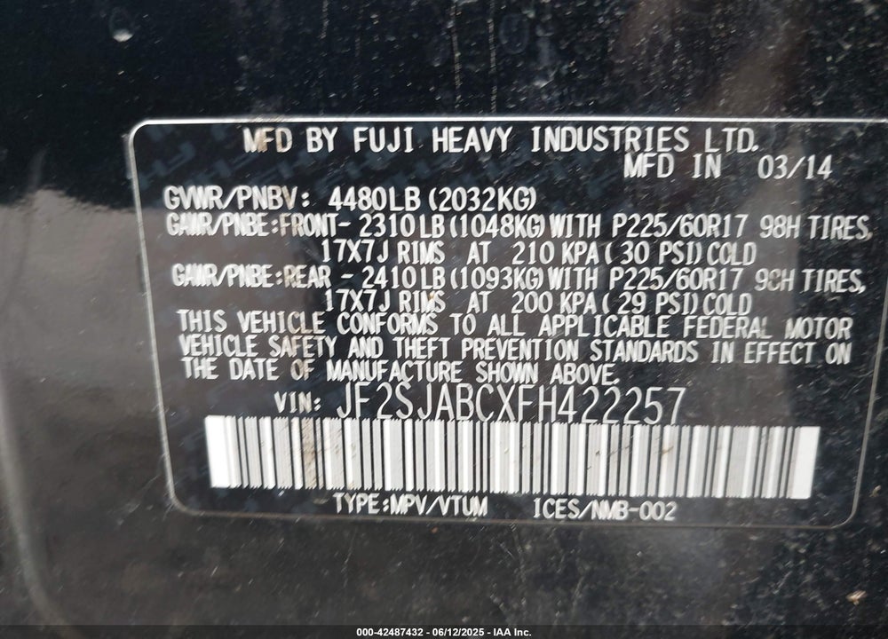 2015 SUBARU FORESTER VIN: JF2SJABCXFH422257