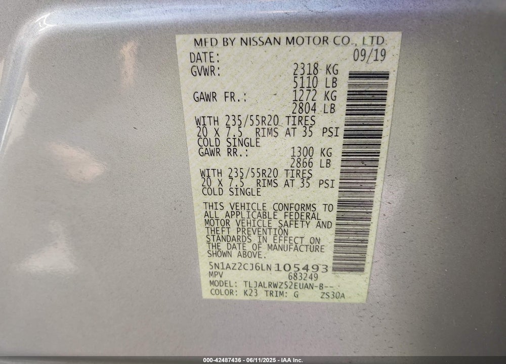 2020 NISSAN MURANO SL FWD VIN: 5N1AZ2CJ6LN105493