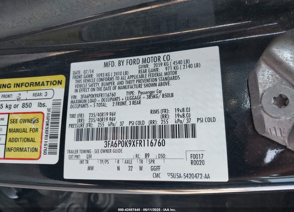 2015 FORD FUSION TITANIUM VIN: 3FA6P0K9XFR116760
