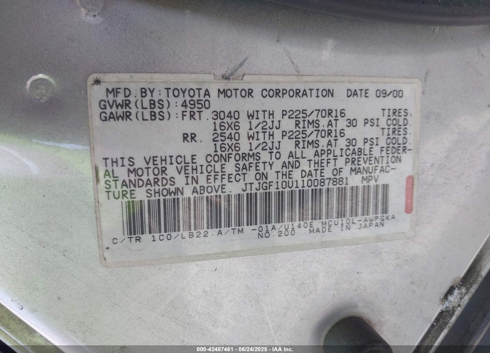 2001 LEXUS RX 300 VIN: JTJGF10U110087881