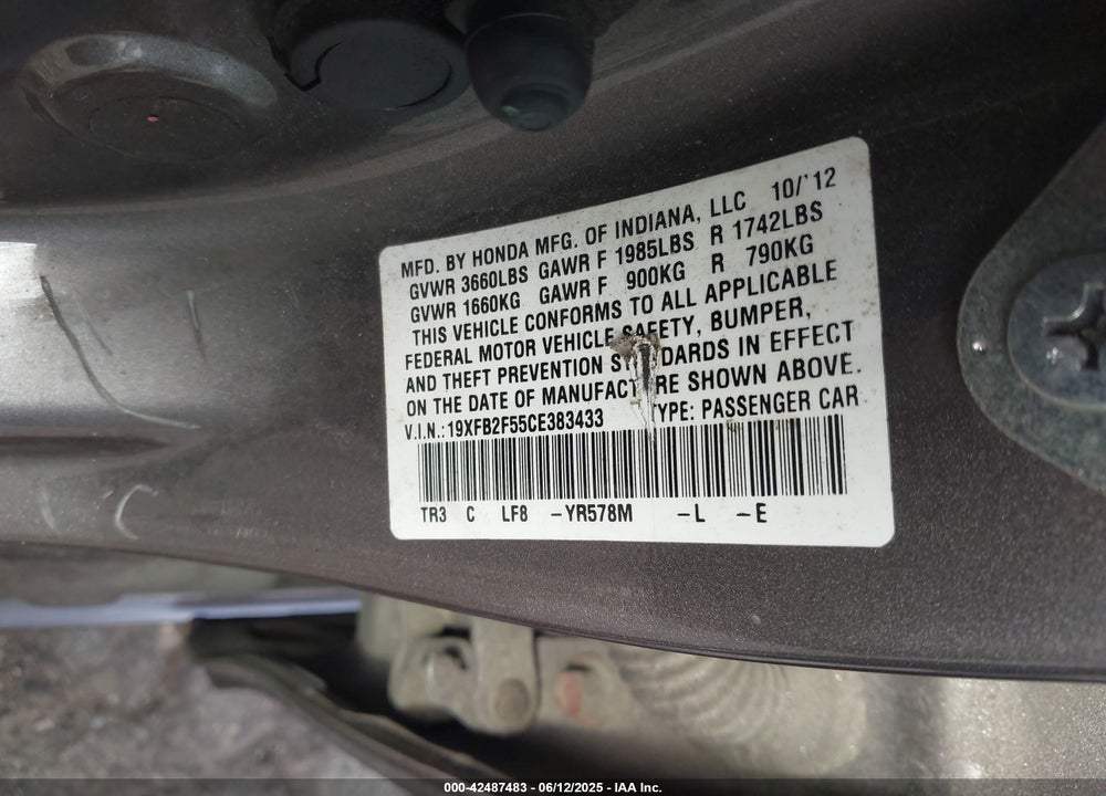 2012 HONDA CIVIC VIN: 19XFB2F55CE383433