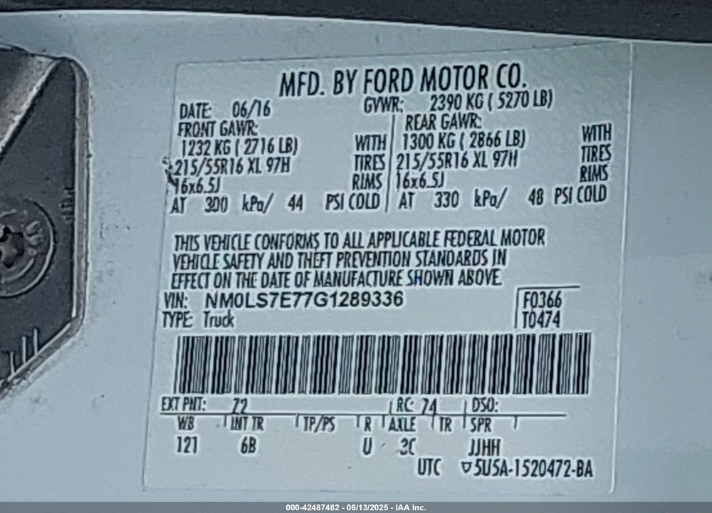 2016 FORD TRANSIT CONNECT XL VIN: NM0LS7E77G1289336