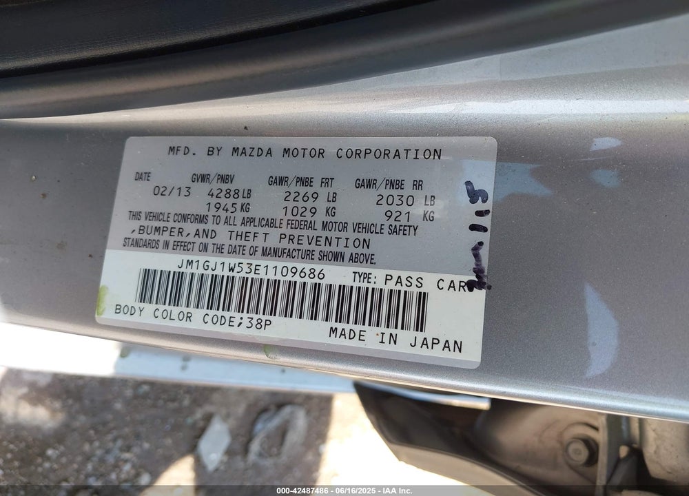 2014 MAZDA 6 VIN: JM1GJ1W53E1109686