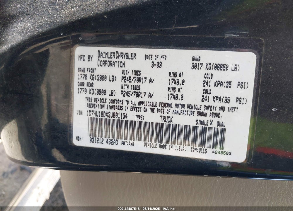 2003 DODGE RAM 1500 SLT/LARAMIE/ST VIN: 1D7HU18DX3J601134