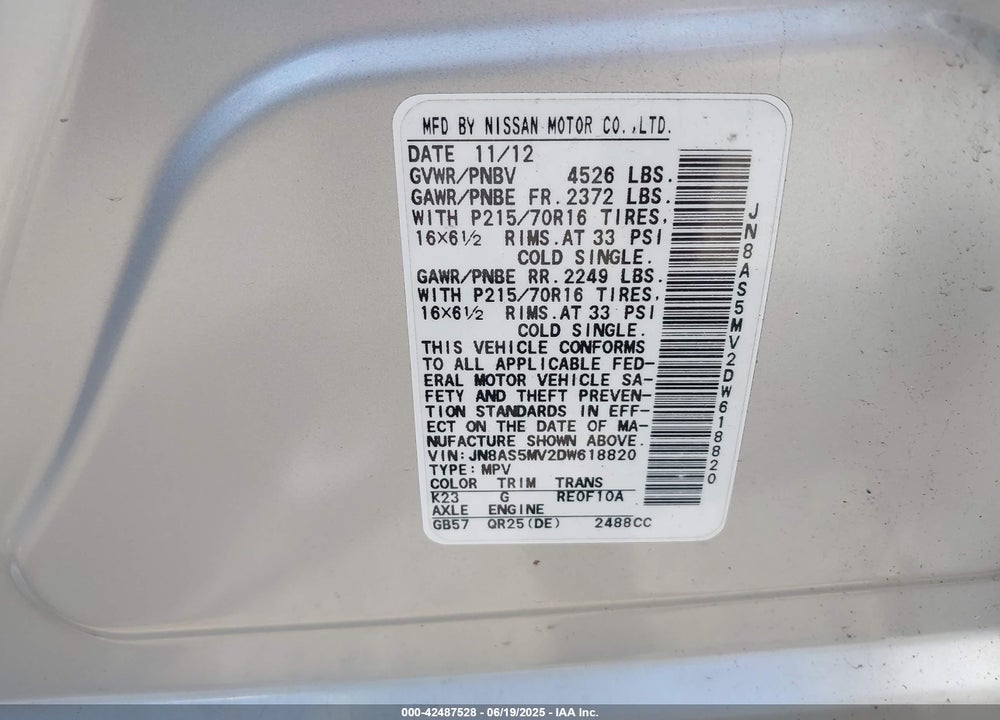 2013 NISSAN ROGUE VIN: JN8AS5MV2DW618820
