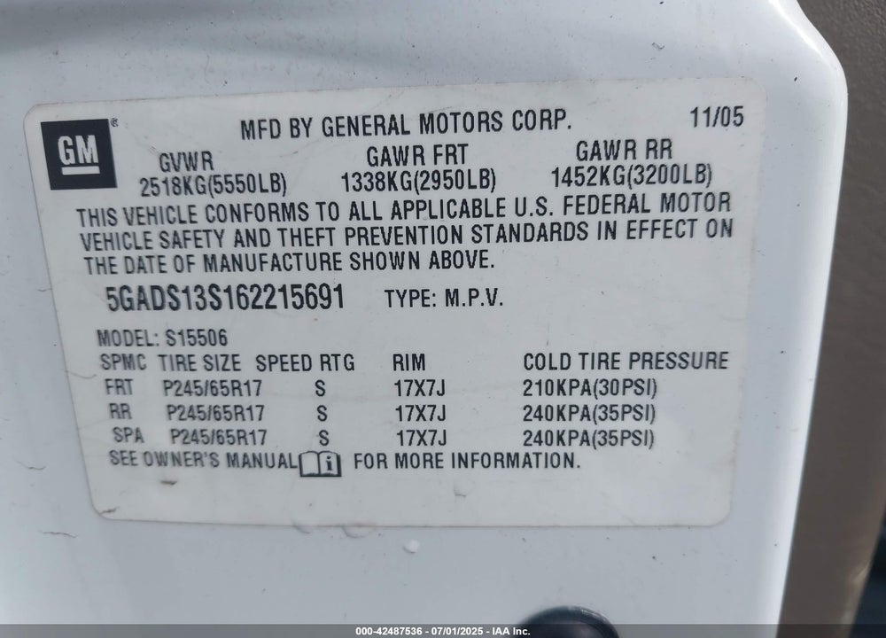 2006 BUICK RAINIER VIN: 5GADS13S162215691