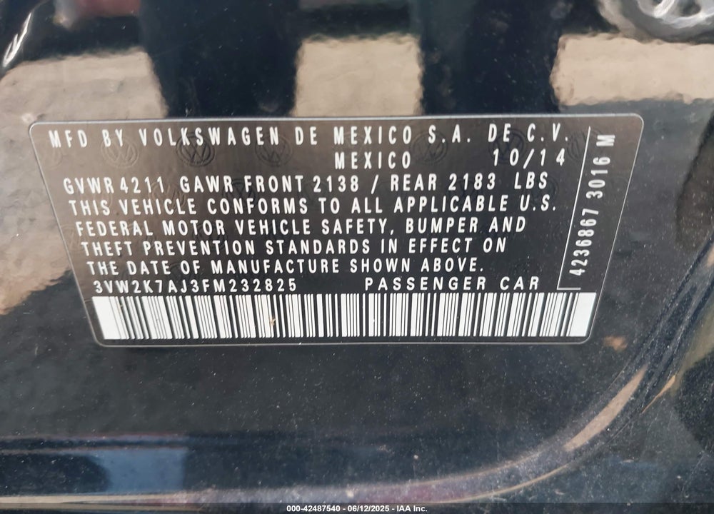 2015 VOLKSWAGEN JETTA SEDAN VIN: 3VW2K7AJ3FM232825