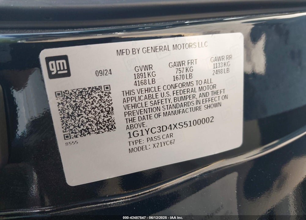 2025 CHEVROLET CORVETTE STINGRAY VIN: 1G1YC3D4XS5100002