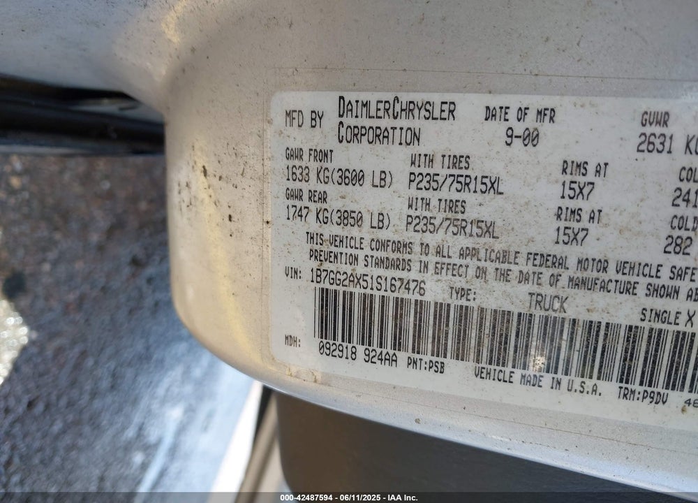 2001 DODGE DAKOTA SLT/SPORT VIN: 1B7GG2AX51S167476