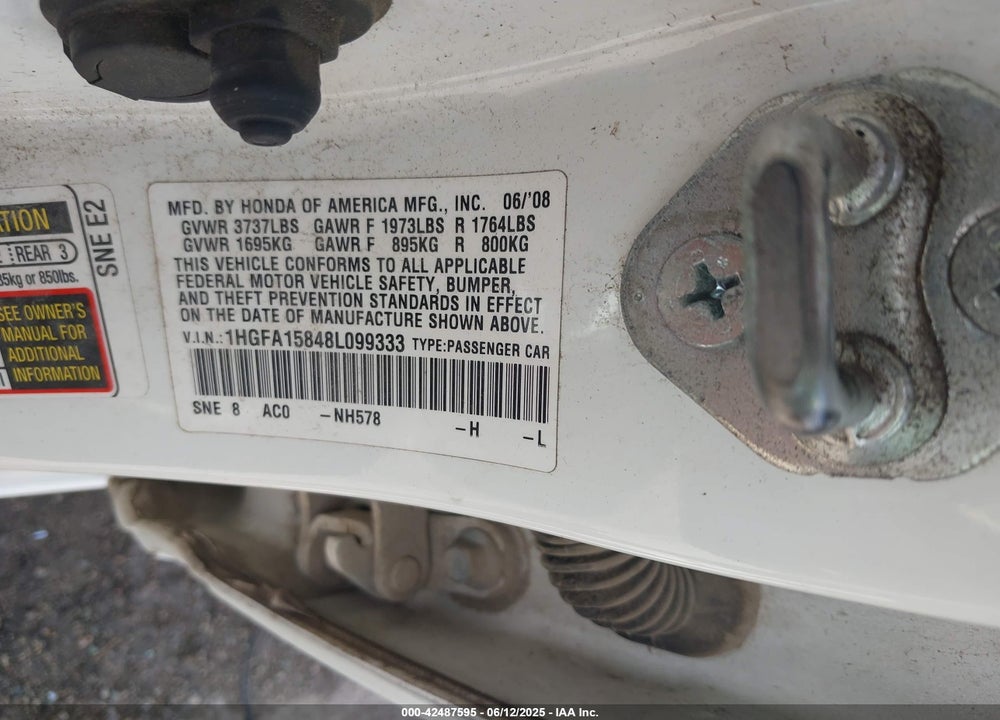 2008 HONDA CIVIC EX VIN: 1HGFA15848L099333