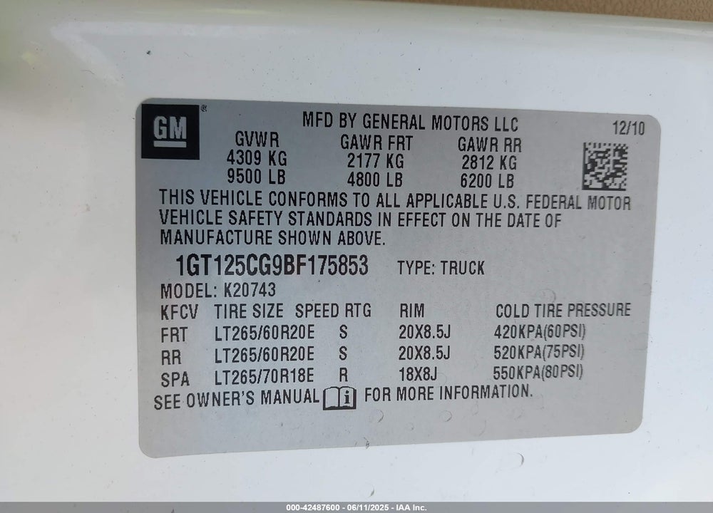 2011 GMC SIERRA VIN: 1GT125CG9BF175853