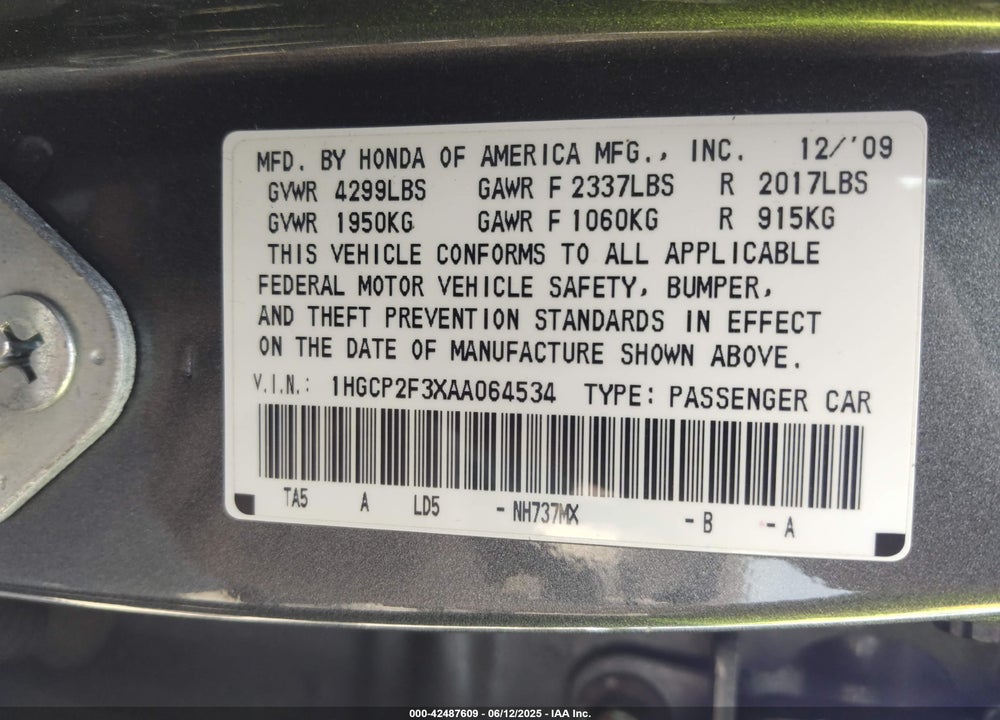 2010 HONDA ACCORD VIN: 1HGCP2F3XAA064534