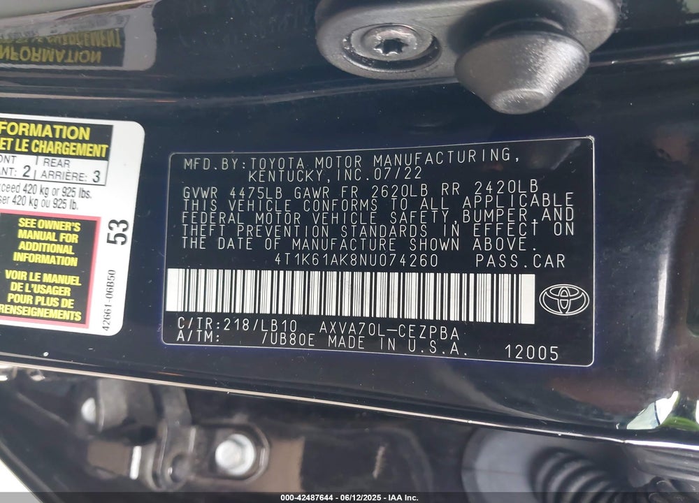 2022 TOYOTA CAMRY VIN: 4T1K61AK8NU074260