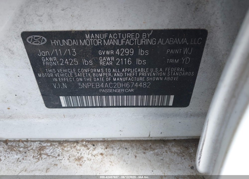 2013 HYUNDAI SONATA GLS VIN: 5NPEB4AC2DH674482