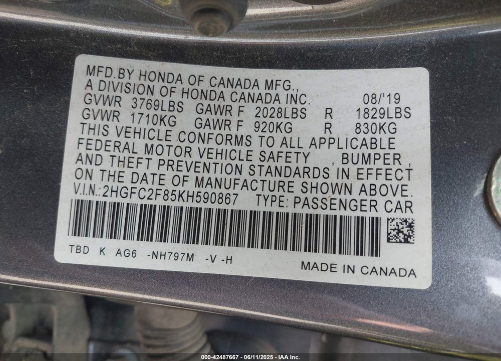 2019 HONDA CIVIC VIN: 2HGFC2F85KH590867
