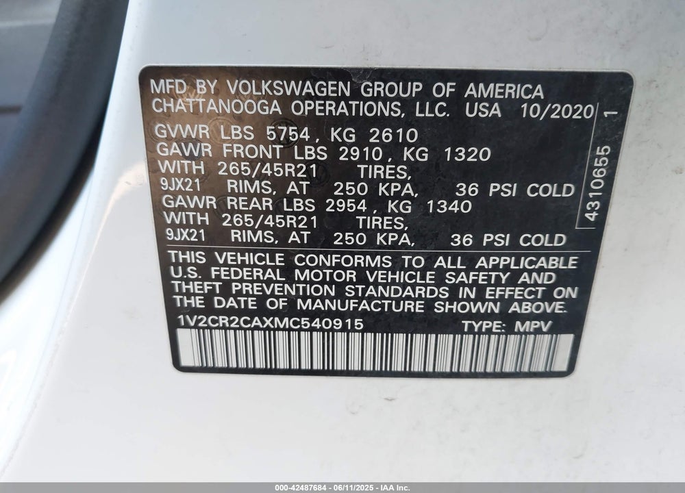 2021 VOLKSWAGEN ATLAS VIN: 1V2CR2CAXMC540915