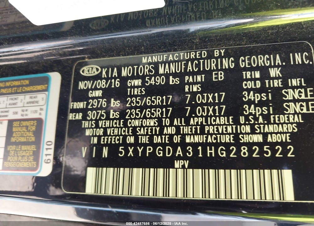 2017 KIA SORENTO VIN: 5XYPGDA31HG282522