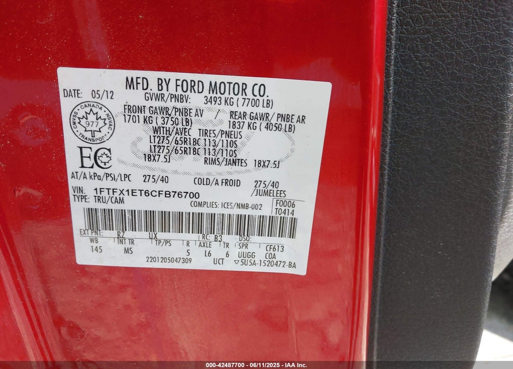 2012 FORD F-150 XLT VIN: 1FTFX1ET6CFB76700