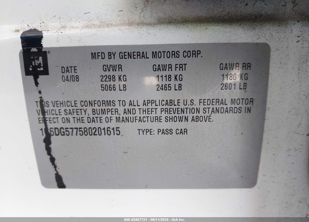 2008 CADILLAC CTS STANDARD VIN: 1G6DG577580201615