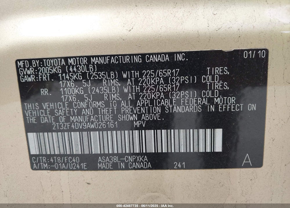 2010 TOYOTA RAV4 VIN: 2T3ZF4DV9AW026161