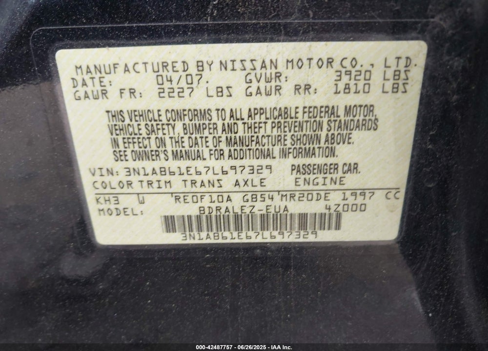 2007 NISSAN SENTRA VIN: 3N1AB61E67L697329