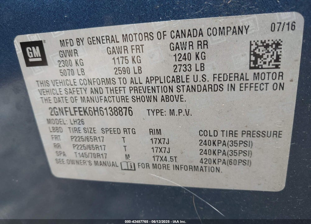 2017 CHEVROLET EQUINOX VIN: 2GNFLFEK6H6138876