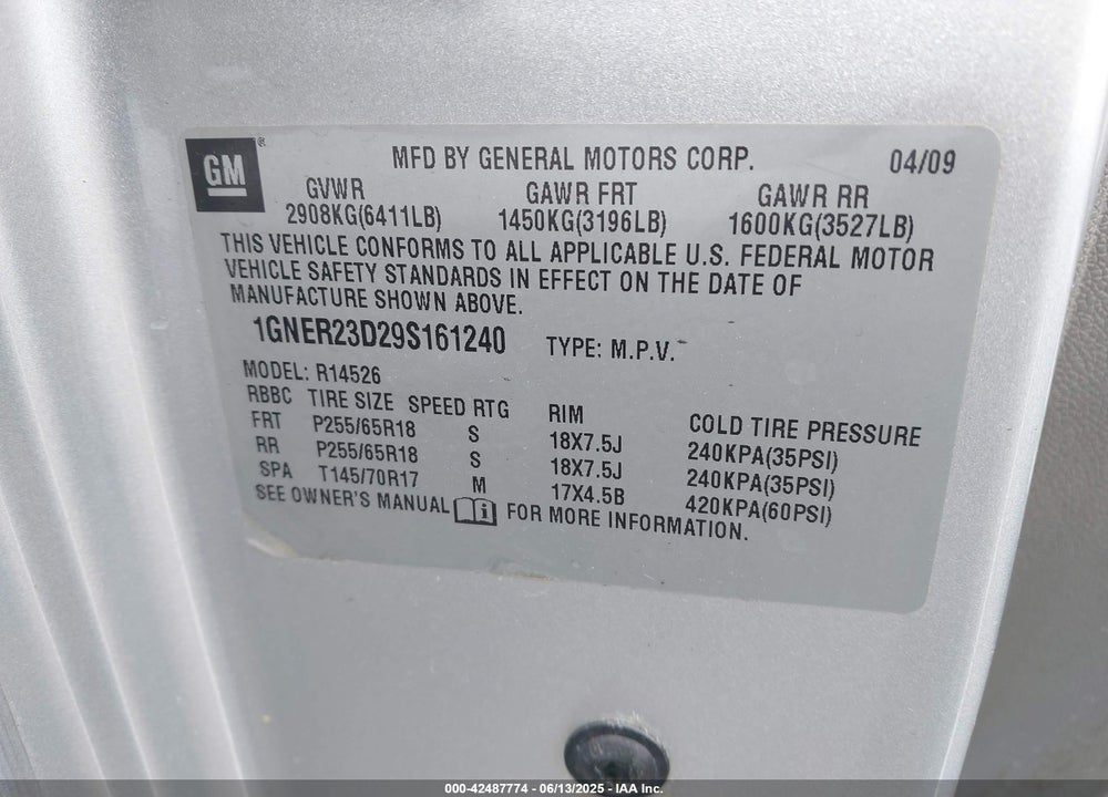 2009 CHEVROLET TRAVERSE VIN: 1GNER23D29S161240