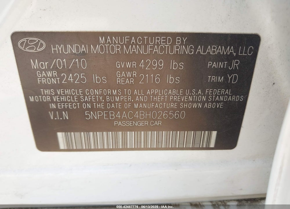 2011 HYUNDAI SONATA GLS VIN: 5NPEB4AC4BH026560