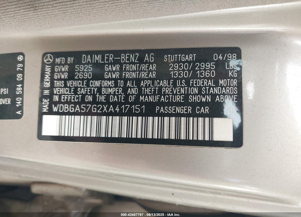 1999 MERCEDES-BENZ S 600 VIN: WDBGA57G2XA417151