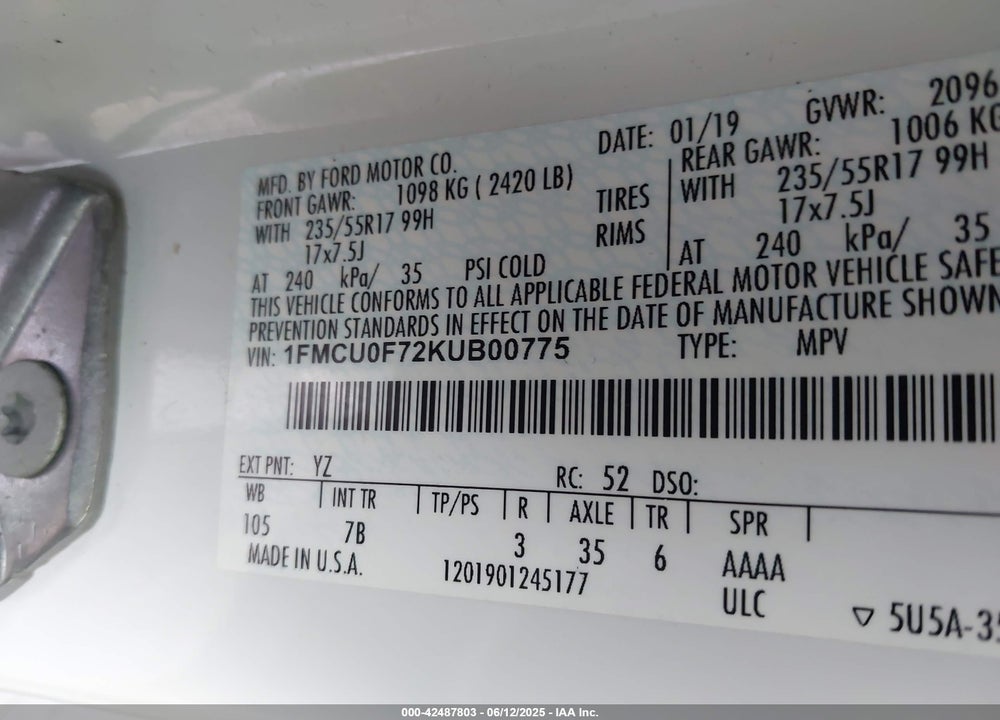 2019 FORD ESCAPE VIN: 1FMCU0F72KUB00775
