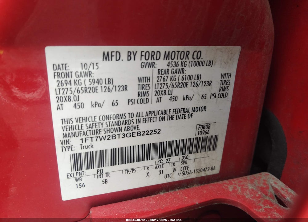 2016 FORD F-250 LARIAT VIN: 1FT7W2BT3GEB22252