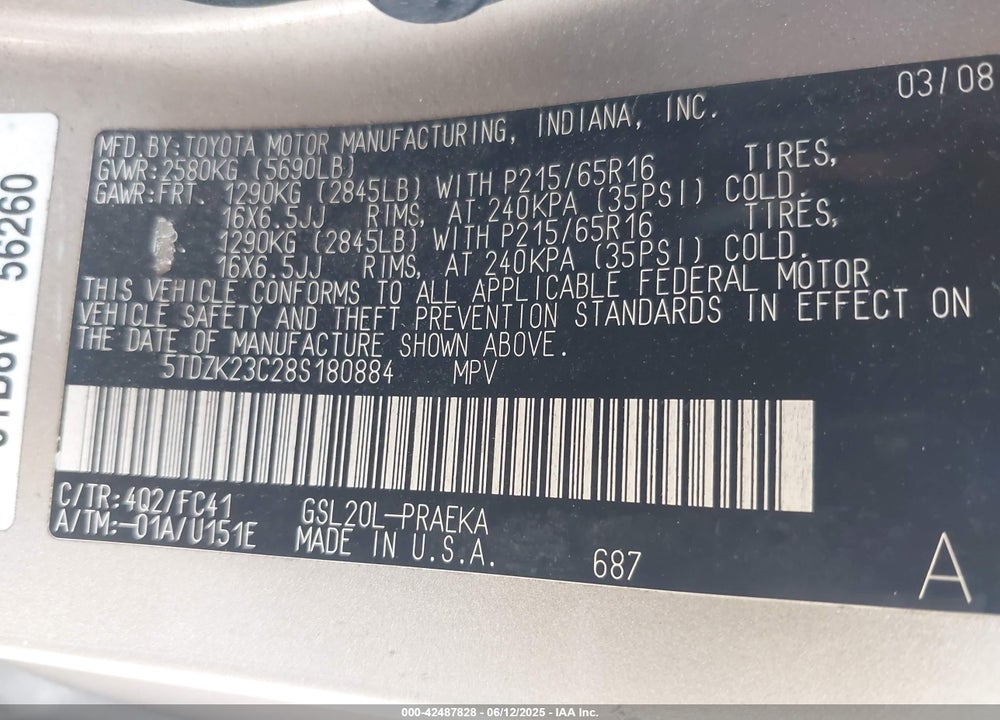 2008 TOYOTA SIENNA LE VIN: 5TDZK23C28S180884