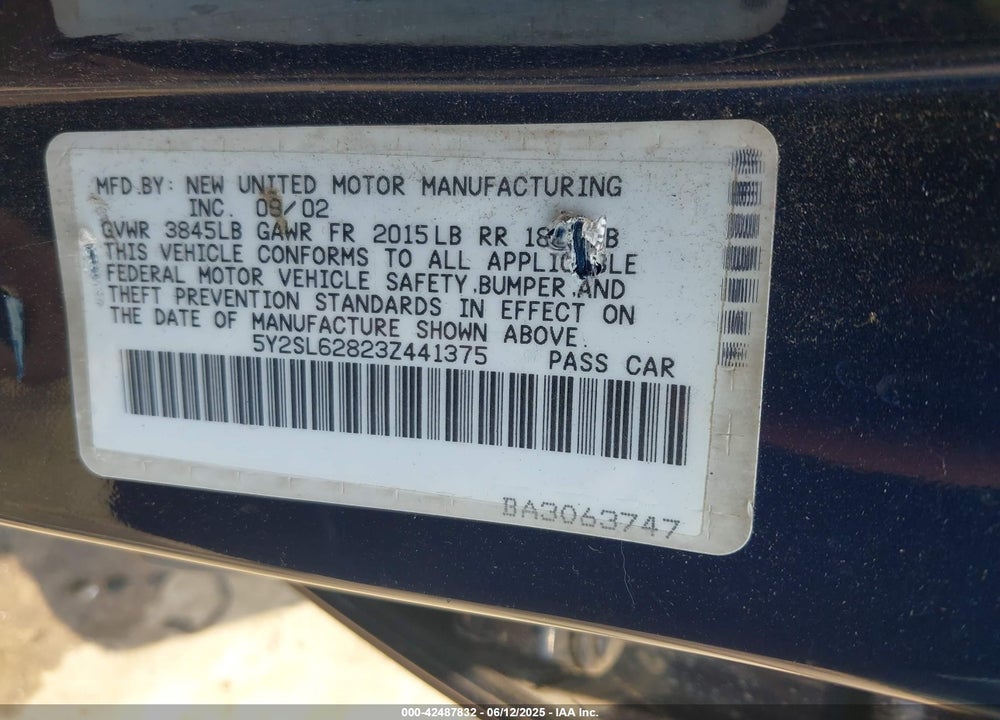 2003 PONTIAC VIBE VIN: 5Y2SL62823Z441375