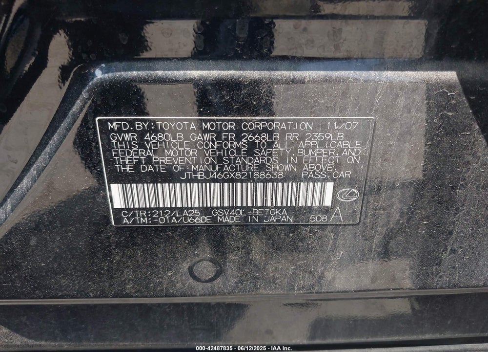 2008 LEXUS ES 350 VIN: JTHBJ46GX82188638