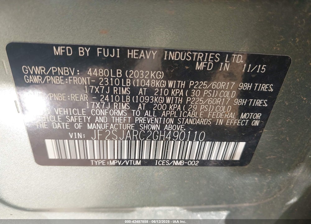 2016 SUBARU FORESTER VIN: JF2SJARC2GH490110