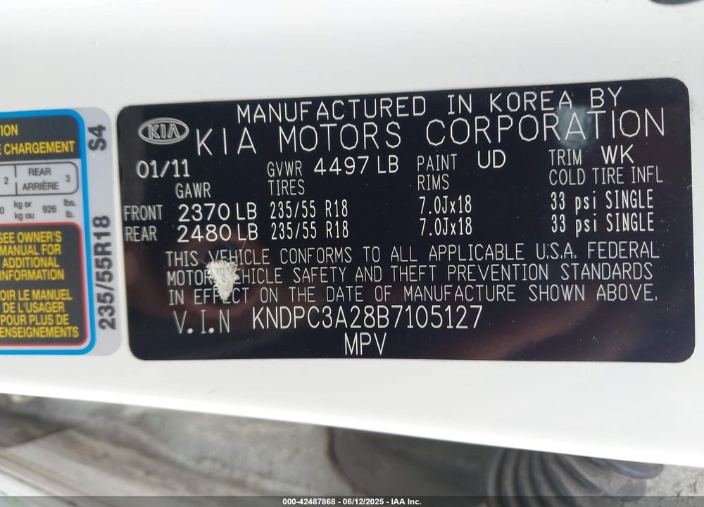 2011 KIA SPORTAGE VIN: KNDPC3A28B7105127