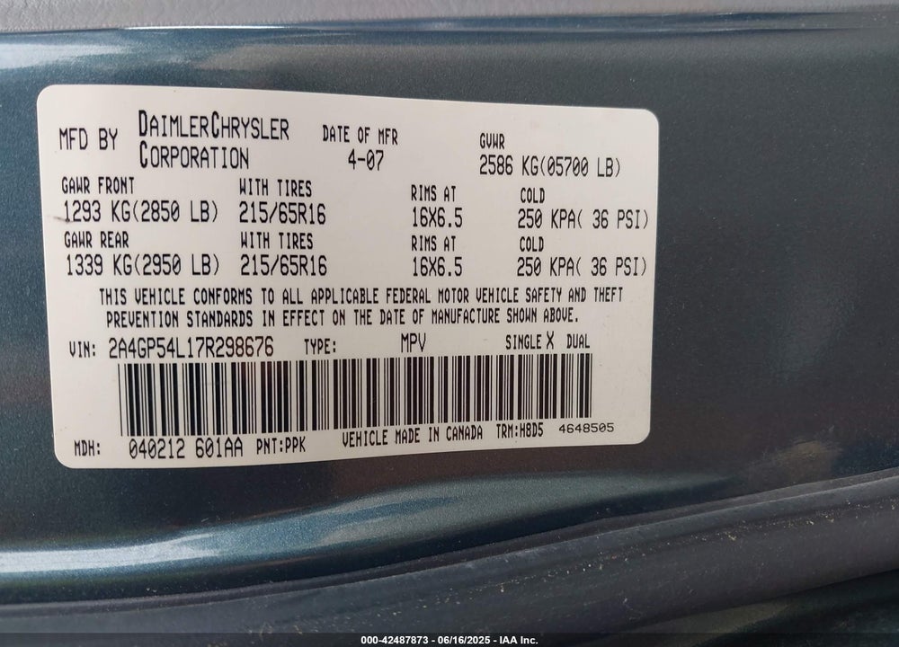2007 CHRYSLER TOWN & COUNTRY TOURING VIN: 2A4GP54L17R298676