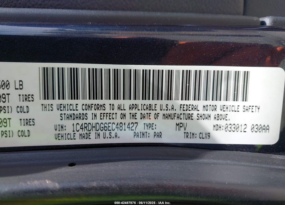 2014 DODGE DURANGO VIN: 1C4RDHDG6EC481427