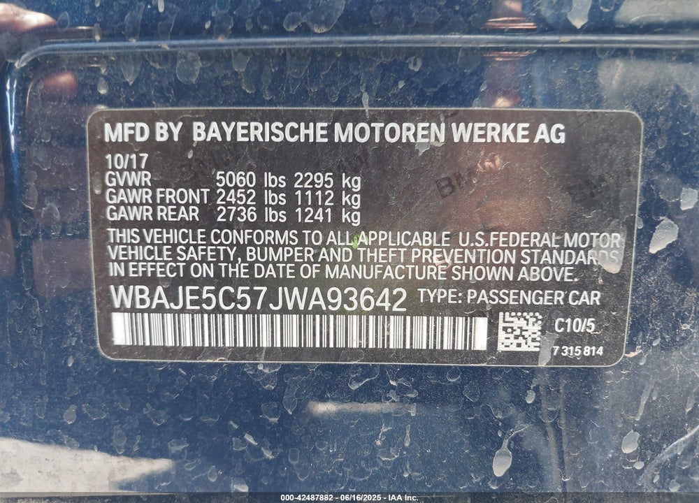 2018 BMW 540I VIN: WBAJE5C57JWA93642