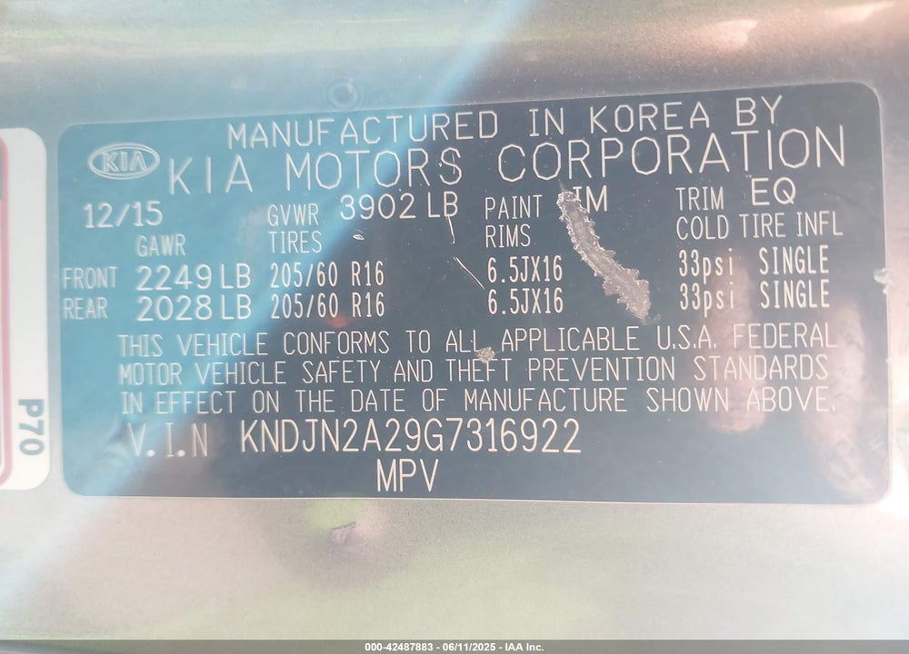 2016 KIA SOUL VIN: KNDJN2A29G7316922