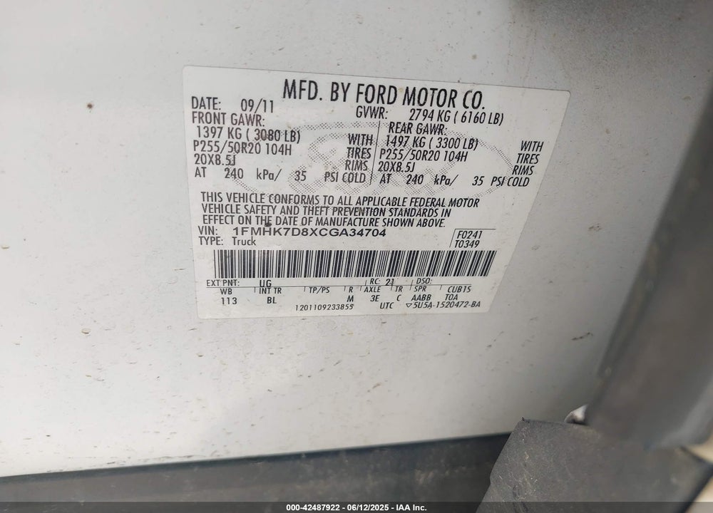 2012 FORD EXPLORER VIN: 1FMHK7D8XCGA34704