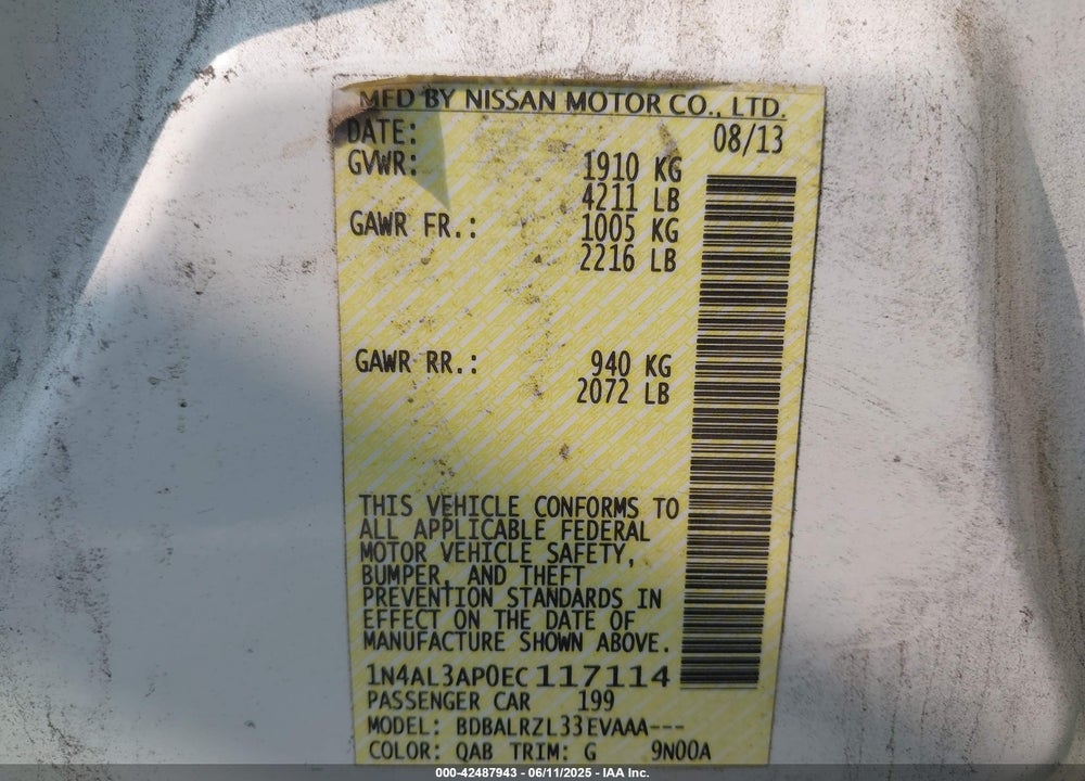 2014 NISSAN ALTIMA VIN: 1N4AL3AP0EC117114