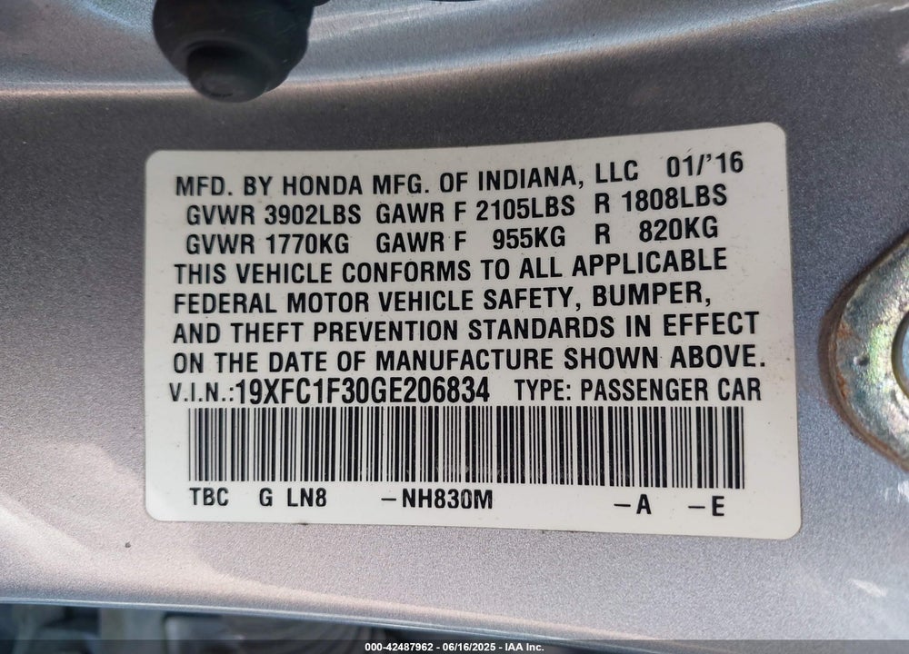 2016 HONDA CIVIC VIN: 19XFC1F30GE206834