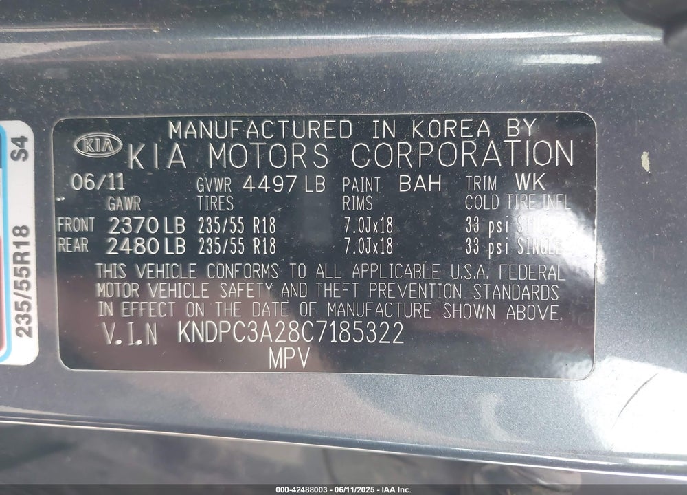 2012 KIA SPORTAGE EX VIN: KNDPC3A28C7185322