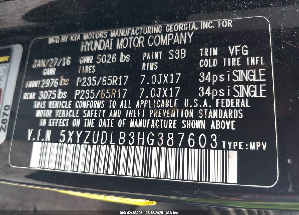 2017 HYUNDAI SANTA FE SPORT VIN: 5XYZUDLB3HG387603