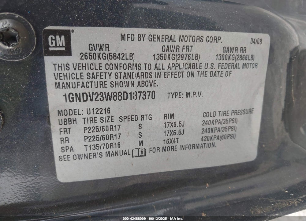 2008 CHEVROLET UPLANDER LS VIN: 1GNDV23W88D187370