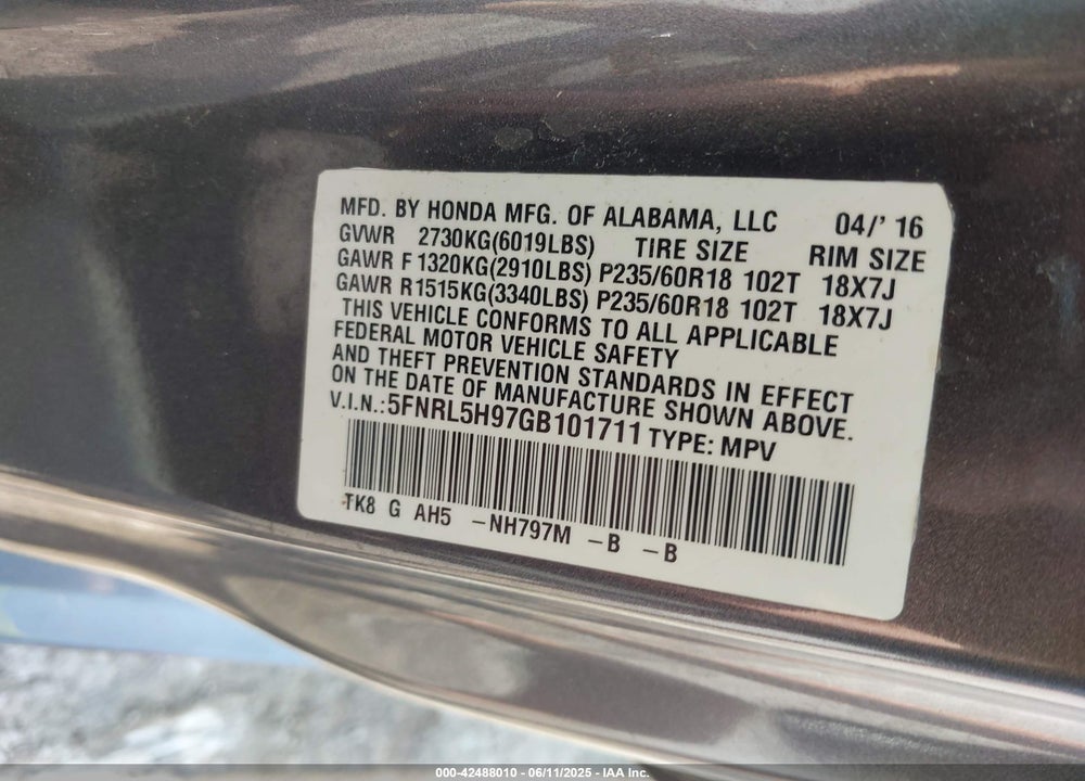 2016 HONDA ODYSSEY TOURING/TOURING ELITE VIN: 5FNRL5H97GB101711