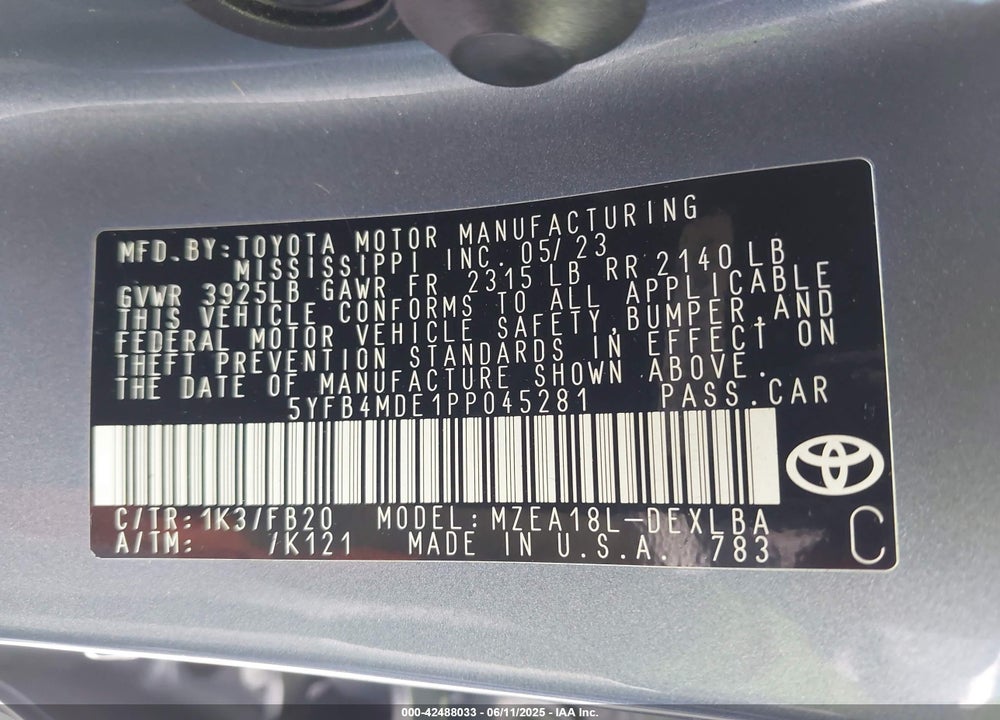 2023 TOYOTA COROLLA VIN: 5YFB4MDE1PP045281