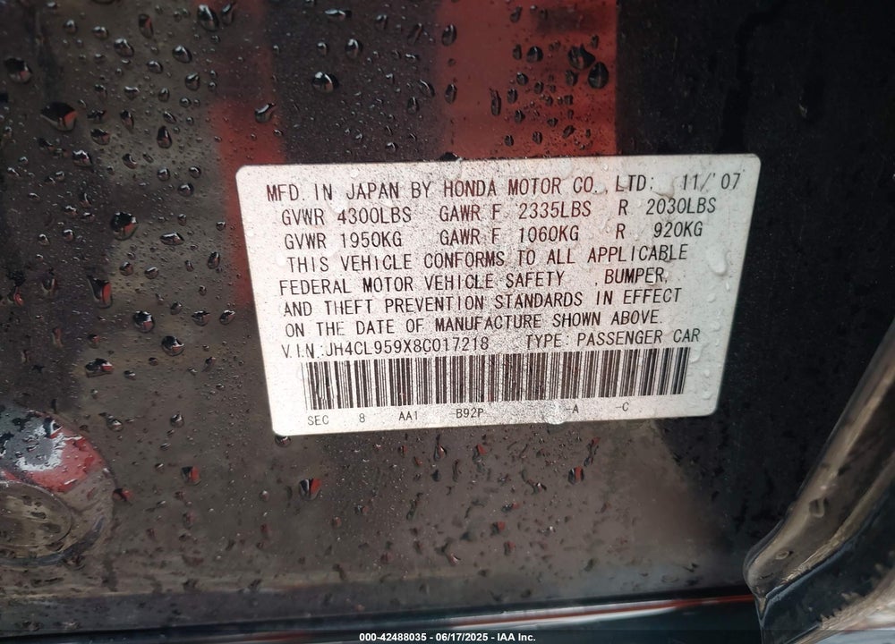 2008 ACURA TSX VIN: JH4CL959X8C017218